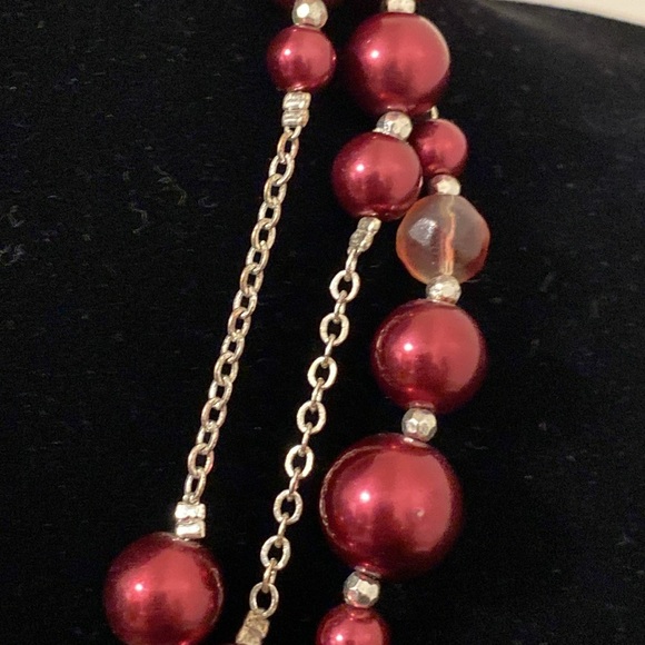 White House Black Market Maroon and Metallic Glass Beaded Triple Strand Necklace - Picture 5 of 9